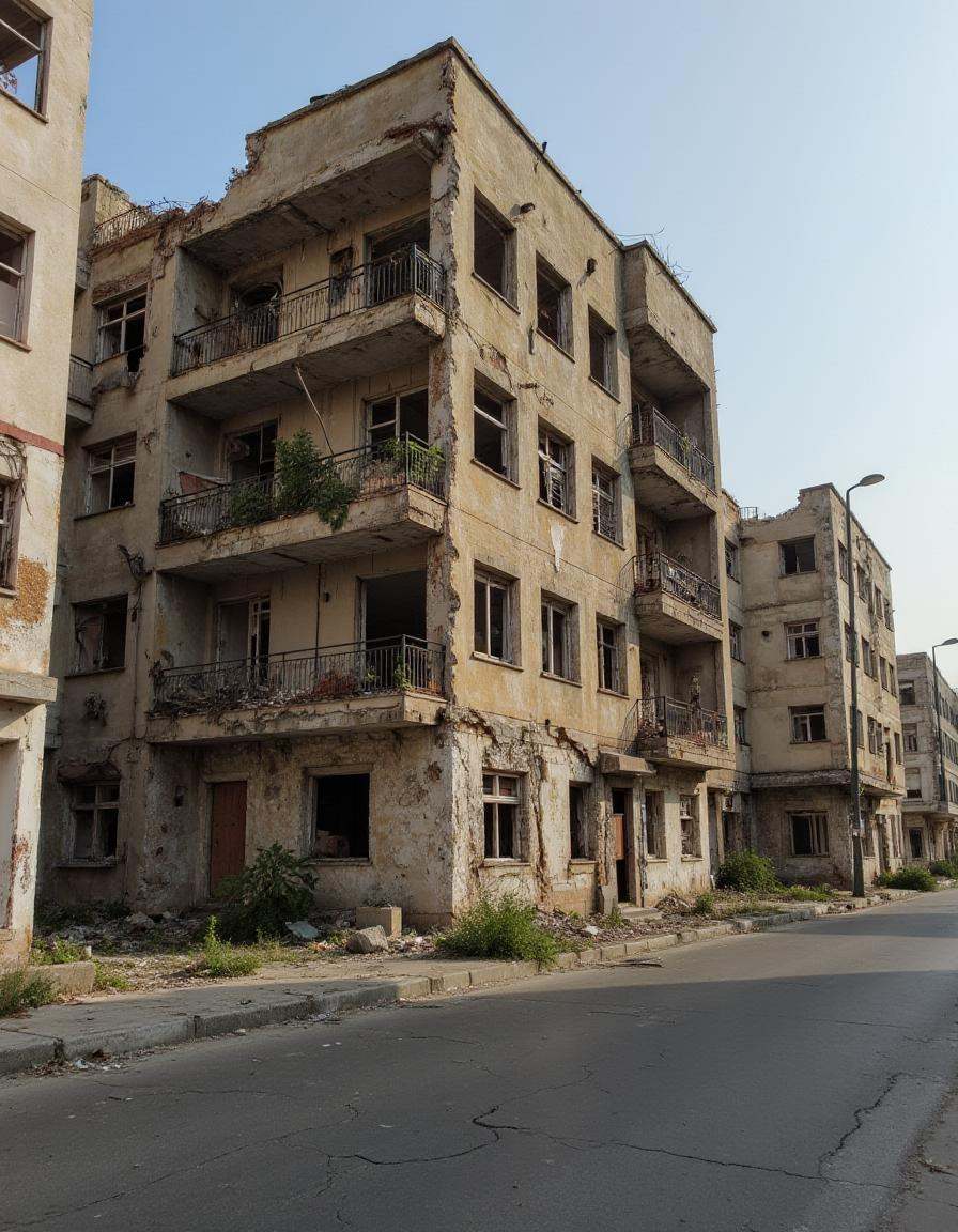 A ruined apartment building on a silent street,  its facade crumbling and the balconies overgrown with weeds. The windows...