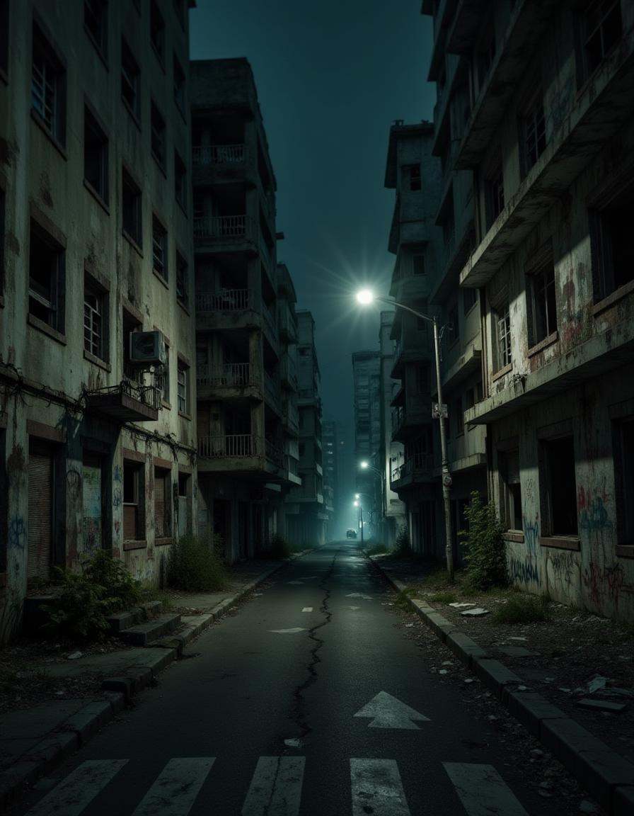 A creepy city street at night,  illuminated only by a few flickering streetlights. The buildings are covered in grime and...