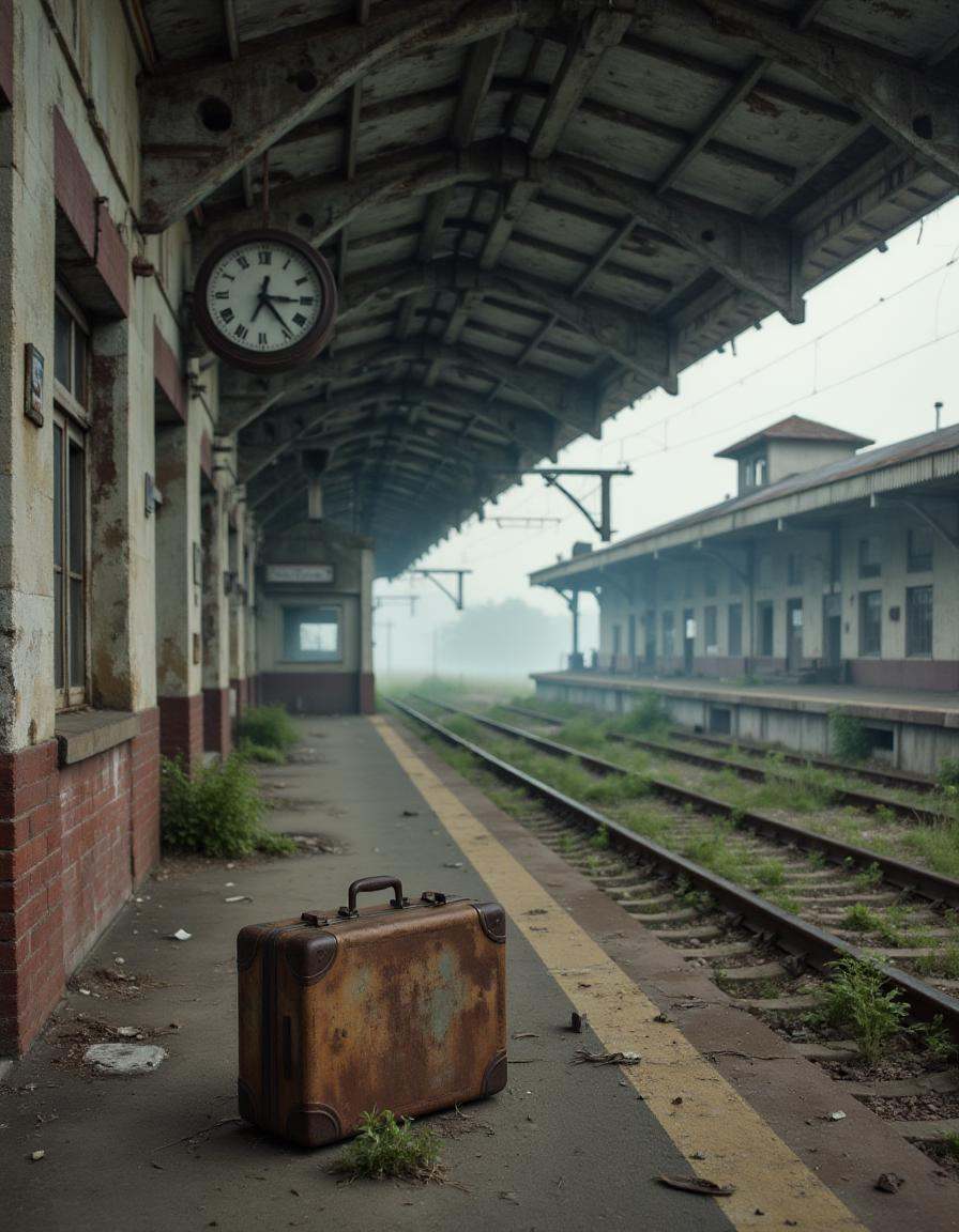 An abandoned train station platform,  where a single,  rusted suitcase sits alone. The tracks are overgrown with weeds on...