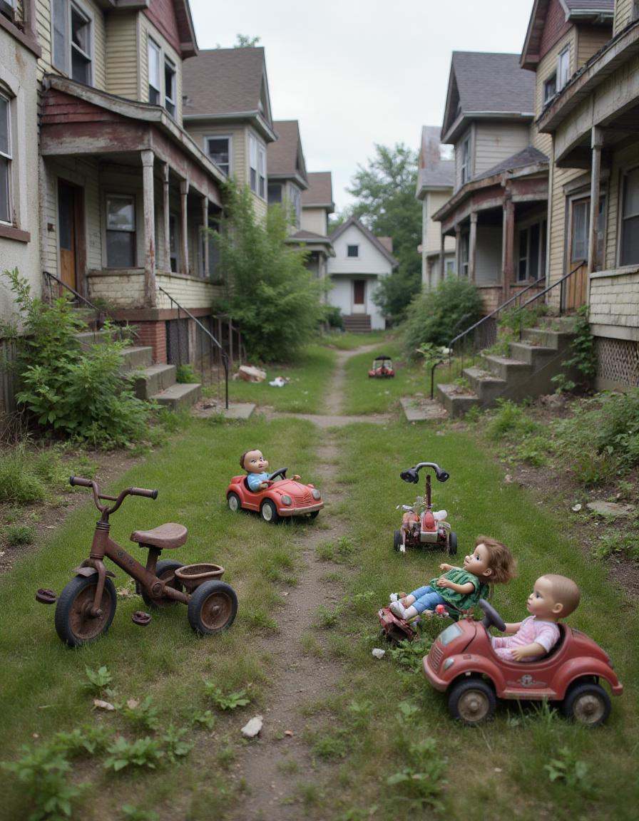 An abandoned residential street where children's toys are left scattered on front lawns. Rusted tricycles,  faded dolls,...