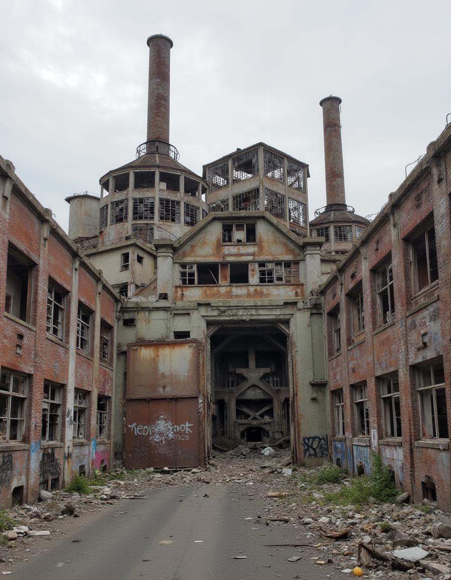 A forgotten factory at the end of a dead-end street,  its smokestacks long dormant. The walls are rusted and covered in gr...