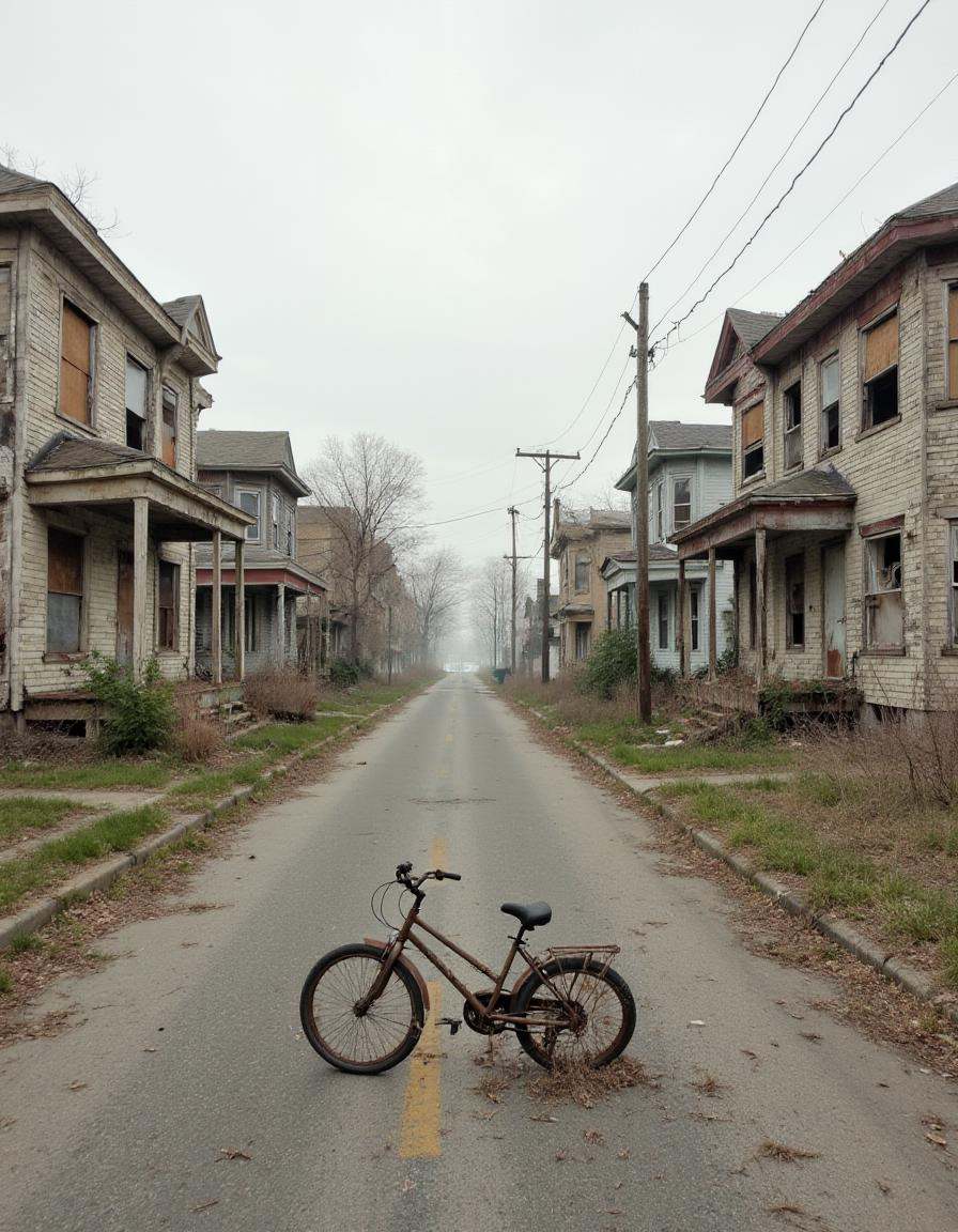 A quiet,  abandoned street lined with small,  forgotten homes. The windows are boarded up on Tensor.Art
