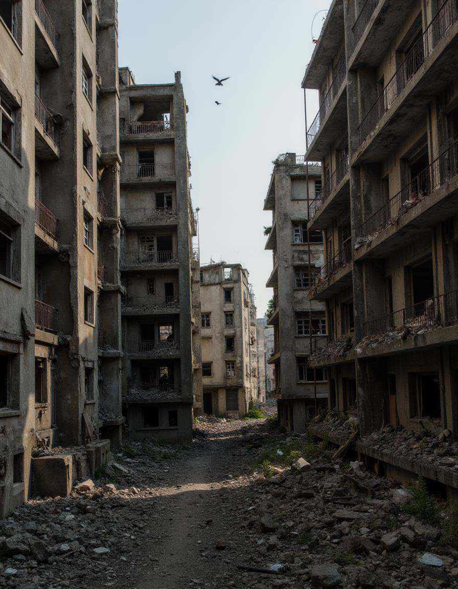 A wide shot of an old,  decaying residential neighborhood with tall,  narrow apartment buildings. The walls are stained wi...