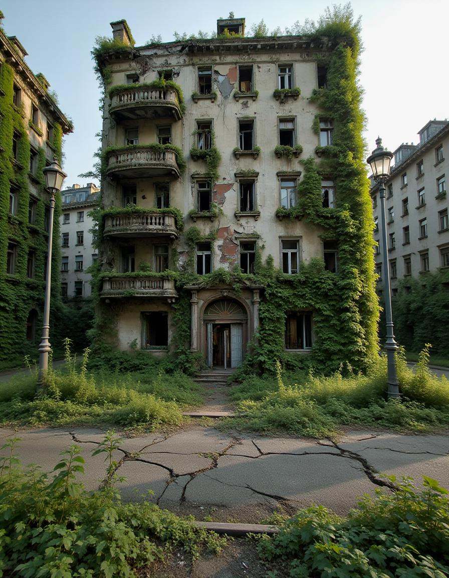 abndnd_plcs_rclmd,  ,  A ruined apartment building on a silent street on Tensor.Art