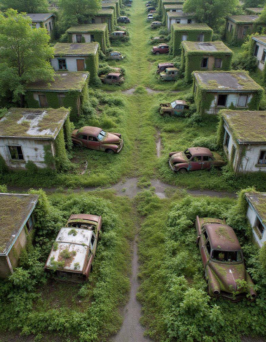 abndnd_plcs_rclmd,  A panoramic view of a row of small,  single-story houses on Tensor.Art