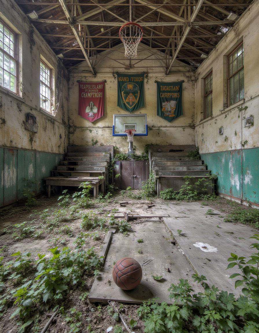 abndnd_plcs_rclmd,  A crumbling gymnasium in an abandoned school,  with the basketball hoops broken and the wooden floor w...