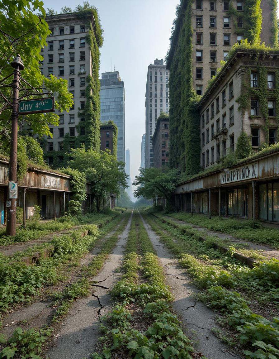 abndnd_plcs_rclmd,  An empty downtown street in a once-thriving city,  now silent and abandoned. The windows of the toweri...