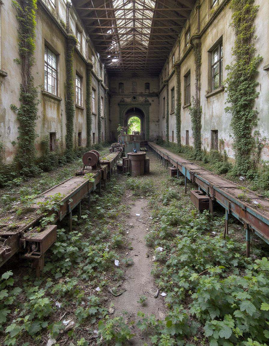 abndnd_plcs_rclmd,  An old,  ruined factory where rusted conveyor belts and decayed machinery still sit idle. The floor is...