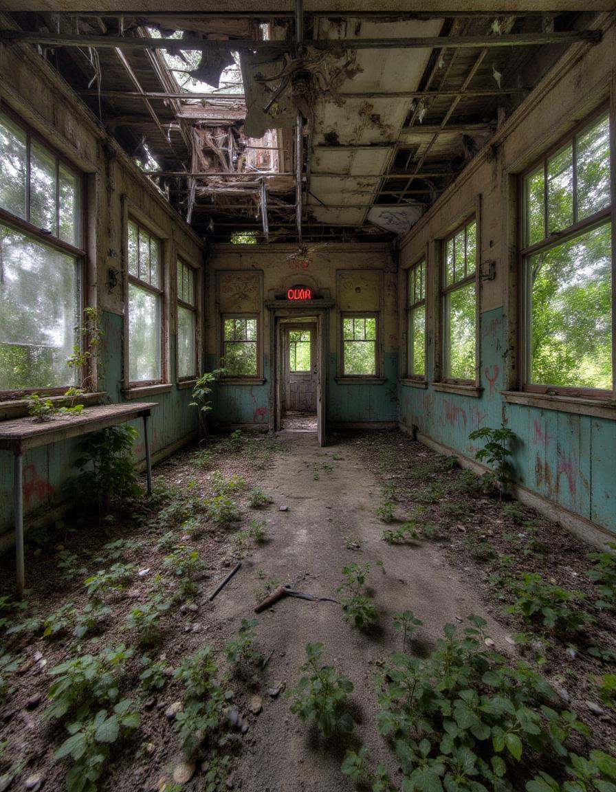 abndnd_plcs_rclmd,  ,  A derelict funhouse with a cracked mirror maze and decayed carnival lights. The entrance is blocked...