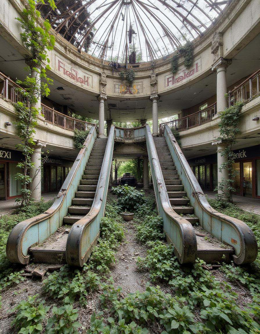 abndnd_plcs_rclmd,  A ruined shopping mall,  its glass skylights shattered and the once-bustling stores now dark and empty...
