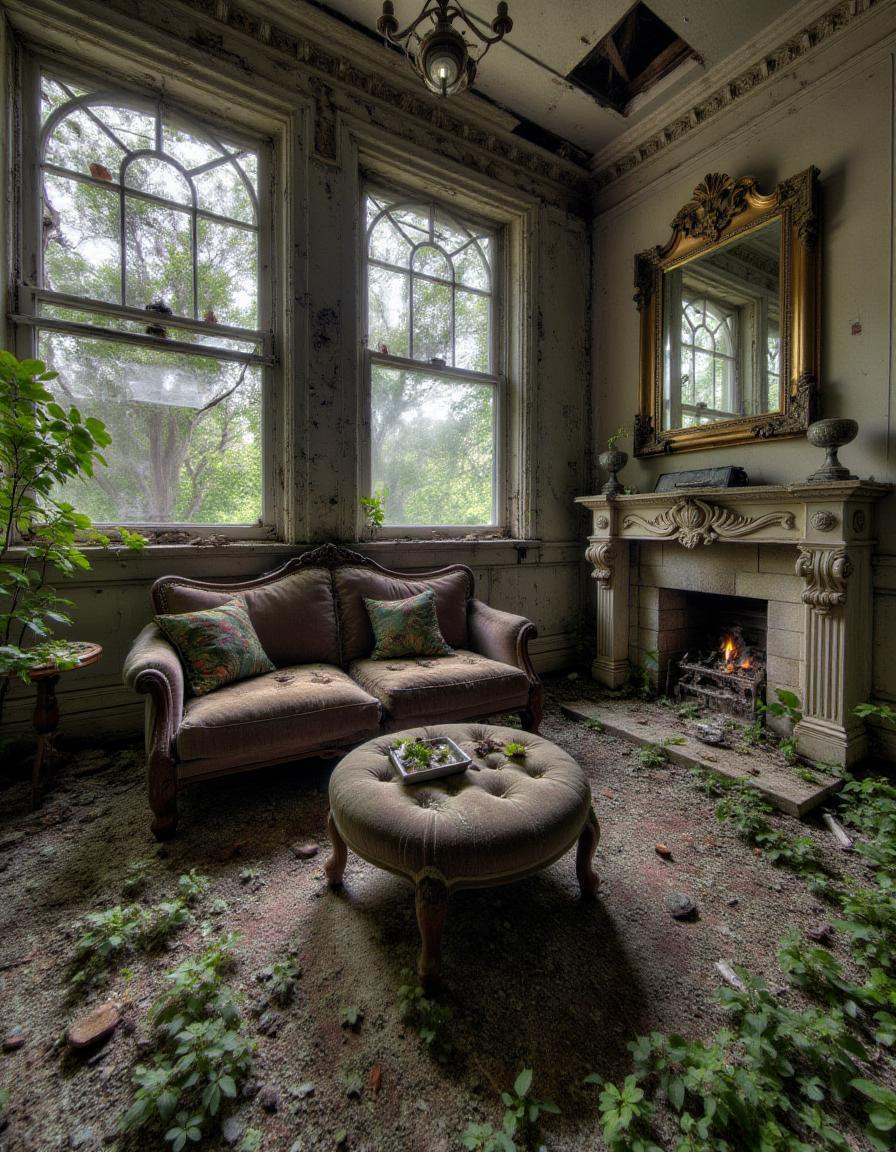 abndnd_plcs_rclmd,  A once-luxurious penthouse apartment in a ruined high-rise,  with broken glass windows and expensive f...
