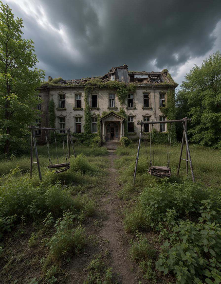 abndnd_plcs_rclmd,  A ruined school building at the end of a deserted street. The playground is overgrown with weeds,  and...