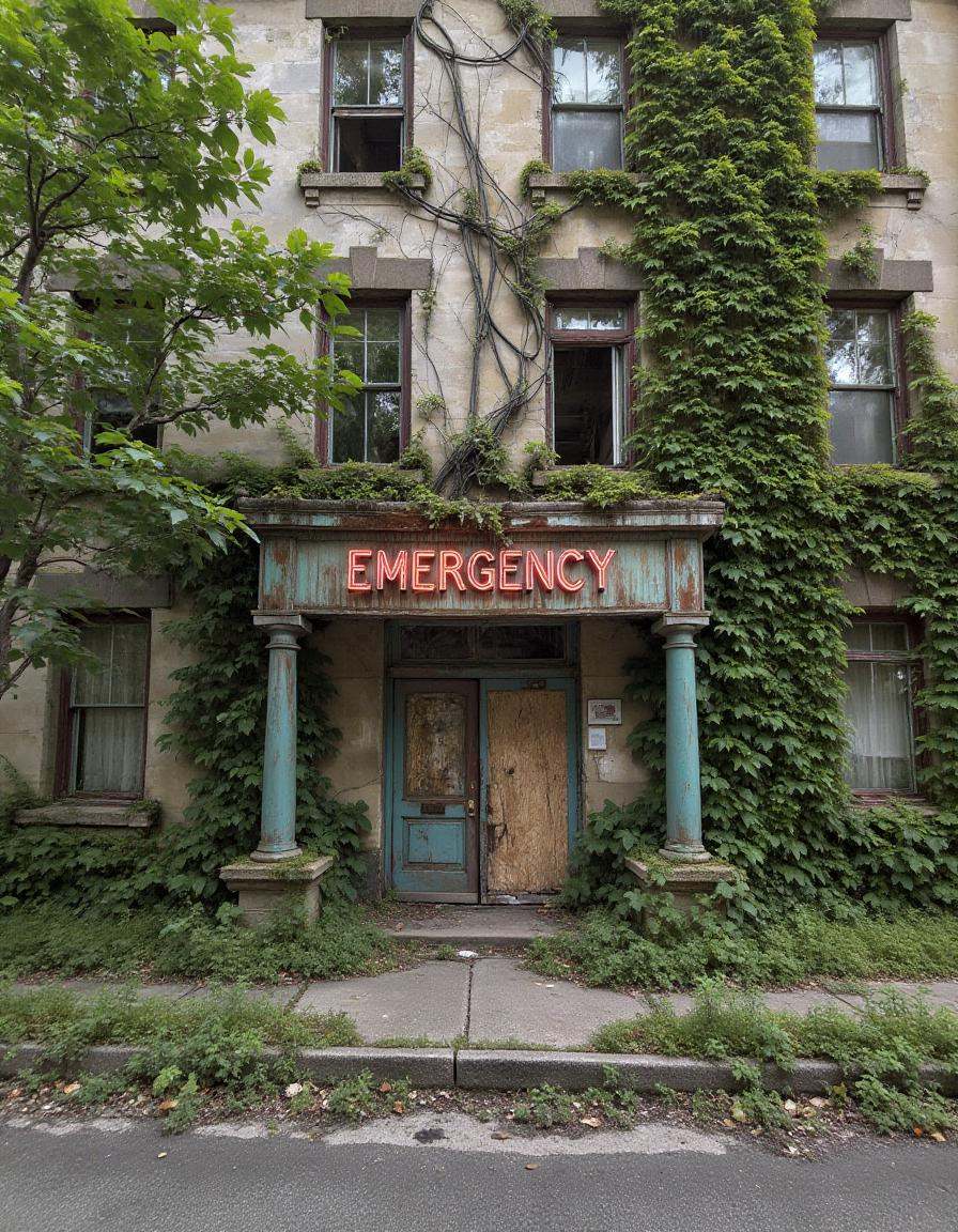 abndnd_plcs_rclmd,  ,  An abandoned hospital on a desolate street corner on Tensor.Art