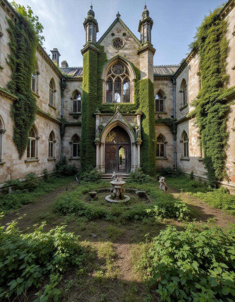 abndnd_plcs_rclmd,  A wide view of a massive,  abandoned cathedral on Tensor.Art