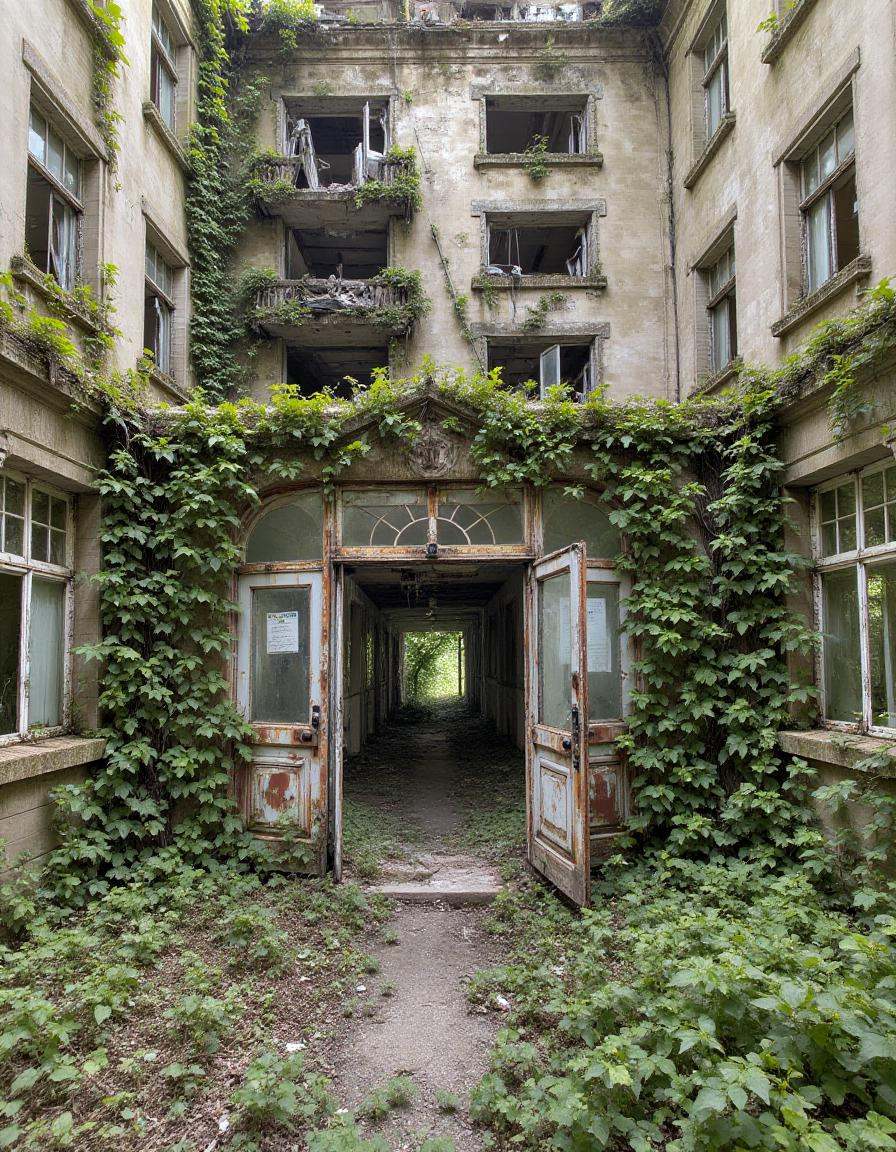 abndnd_plcs_rclmd,  An abandoned hospital with ivy crawling up its walls and windows covered in grime. The main entrance d...