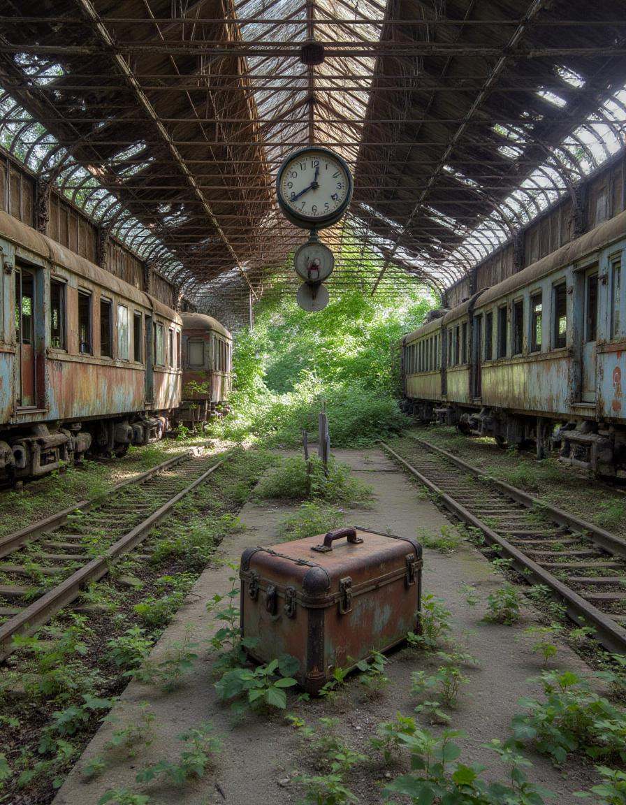 abndnd_plcs_rclmd,  An abandoned train station platform,  where a single on Tensor.Art