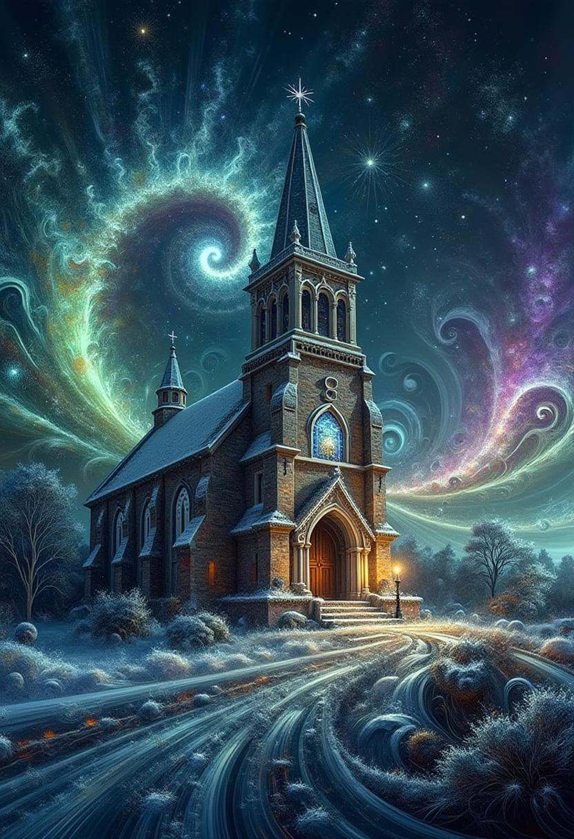 An ancient cathedral perched alone on a snowy hill,  bathed in the ethereal glow of the aurora borealis that fills the nig...