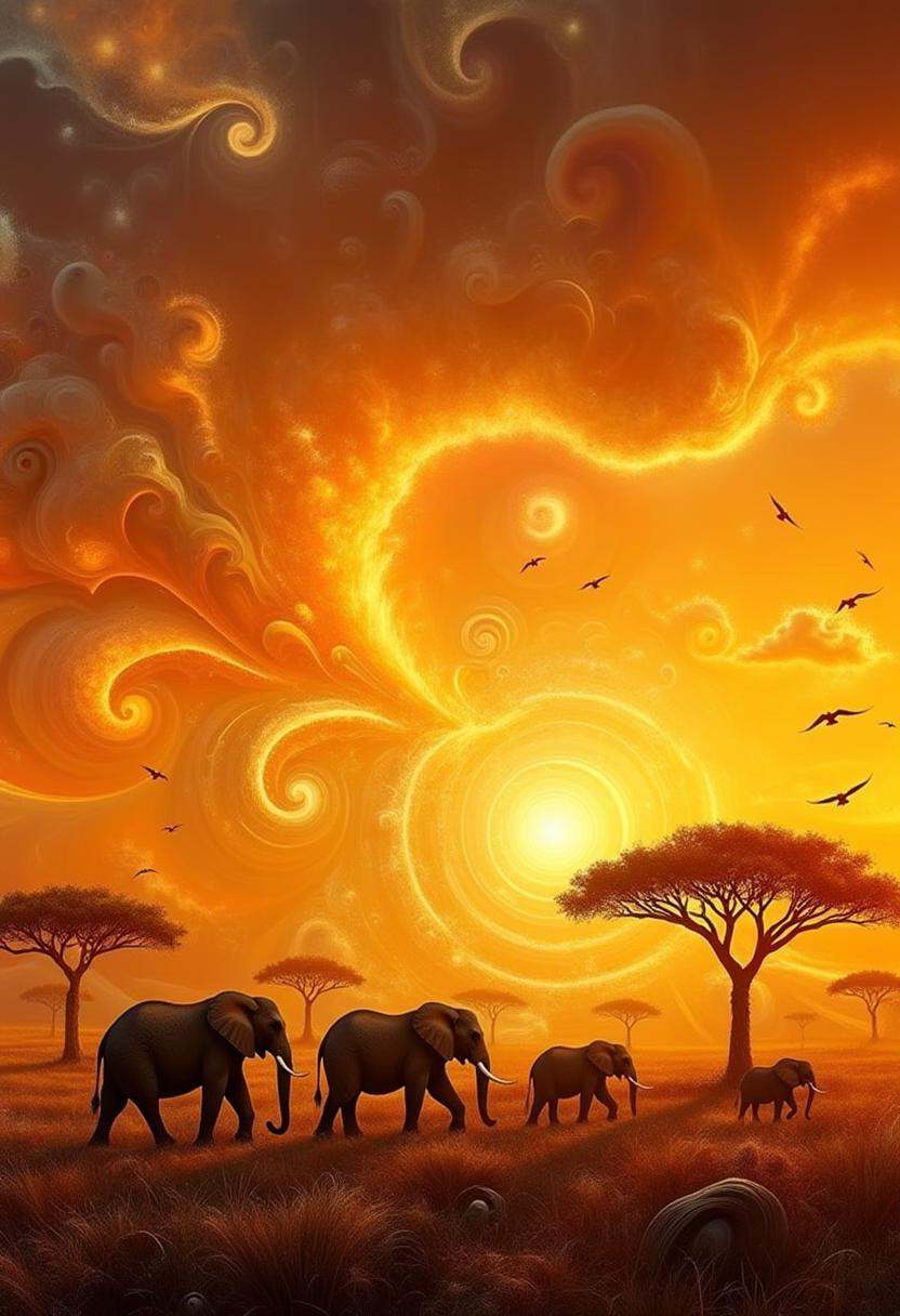 A golden savanna at sunset,  where a herd of elephants is silhouetted against a sky ablaze with oranges,  pinks on Tensor.Art
