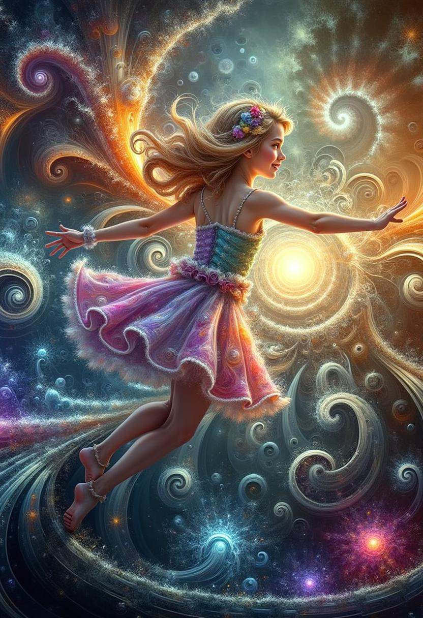Pretty babe with rainbow-colored hair,  wearing a whimsical fairy dress,  flying through a magical forest with glowing orb...