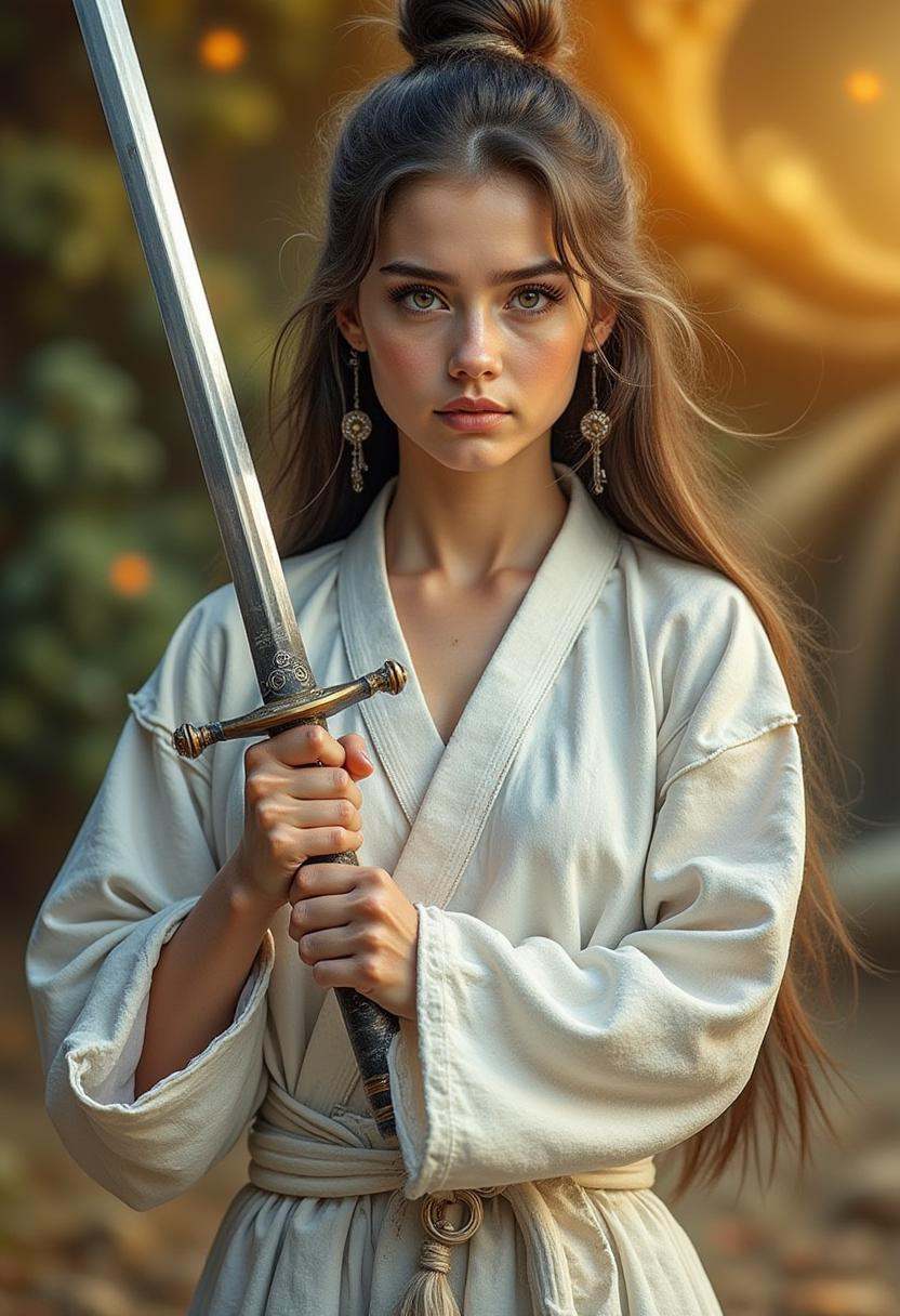 A young woman stands confidently,  holding a sword in her right hand,  showcasing a determined expression on her face. She...