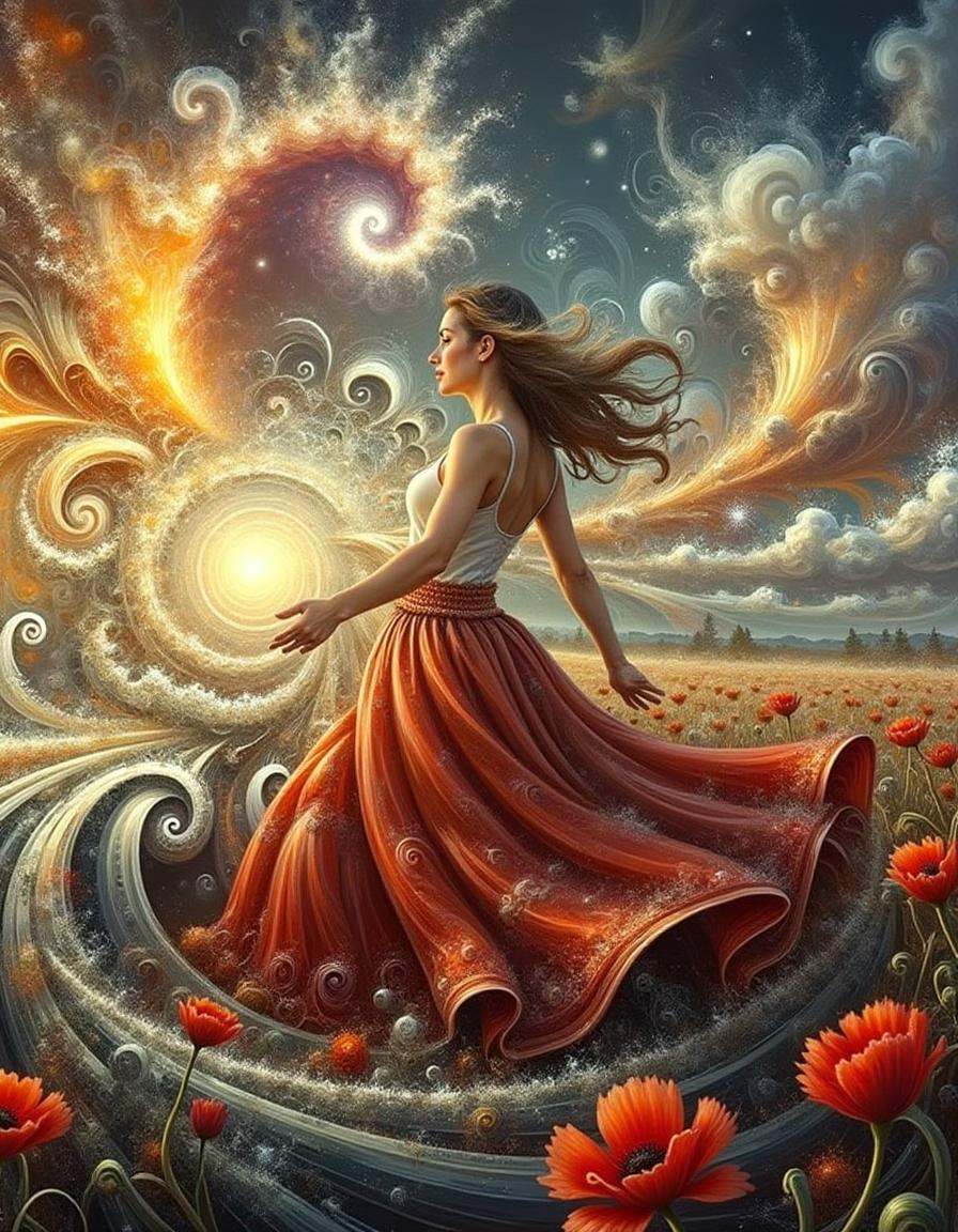 difrctlchs,  a woman turning around in a skirt,  the fabric twirling around as it swirls in the wind. She dances in a fiel...