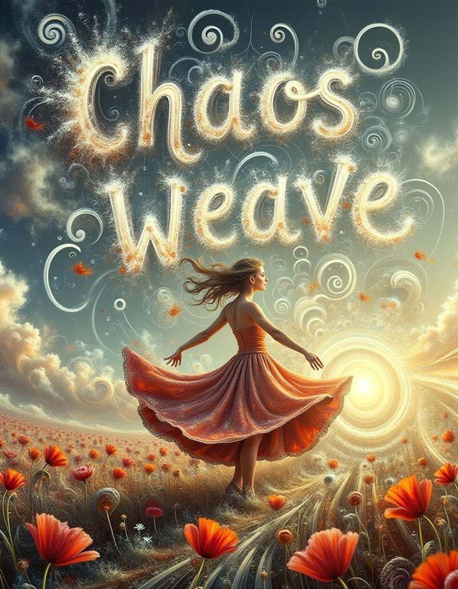 difrctlchs,  The text "Chaos Weave" is written within patterns in the sky and clouds. On the ground below a woman turns ar...