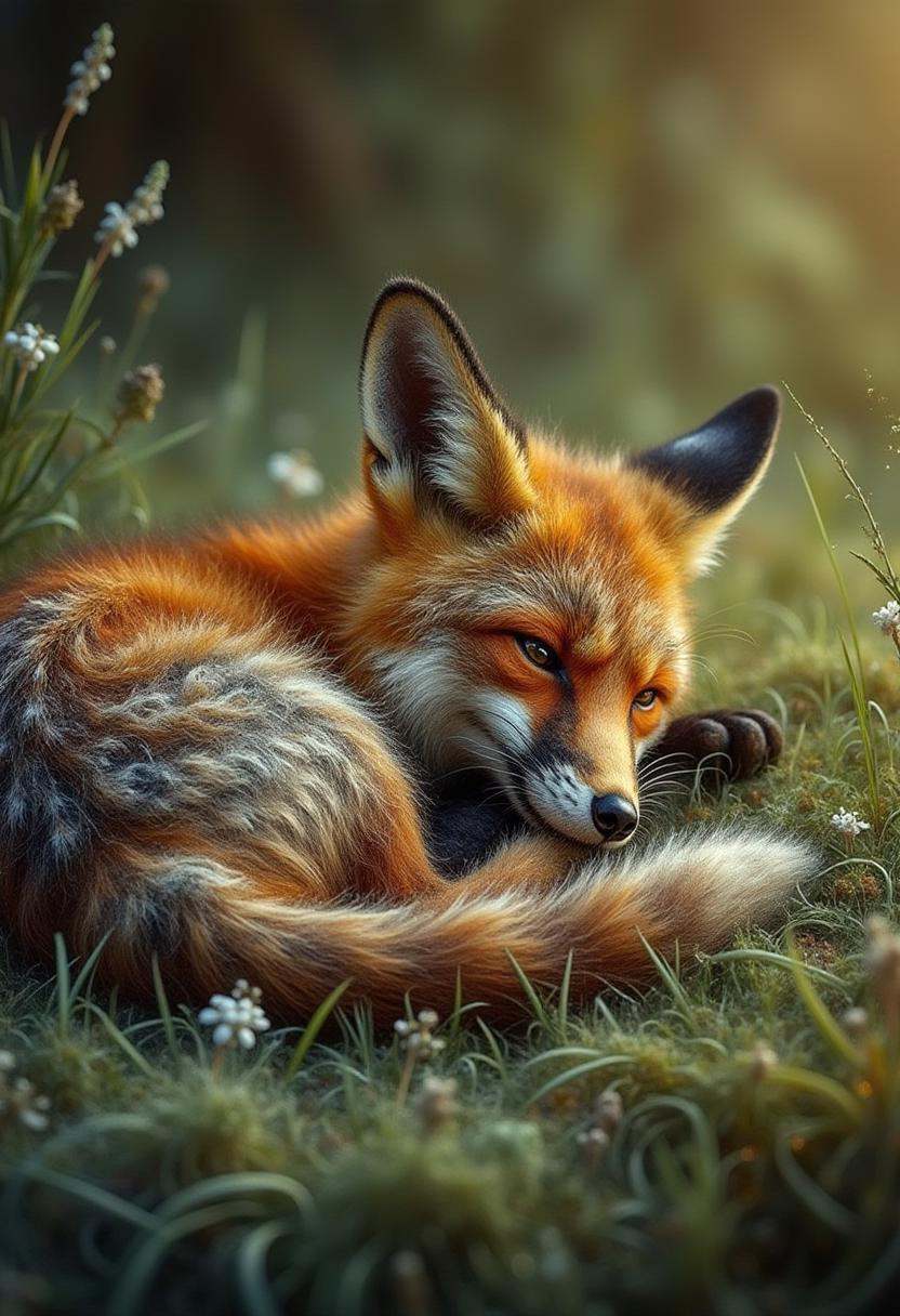 Fox curled up,  resting in the grass, on Tensor.Art