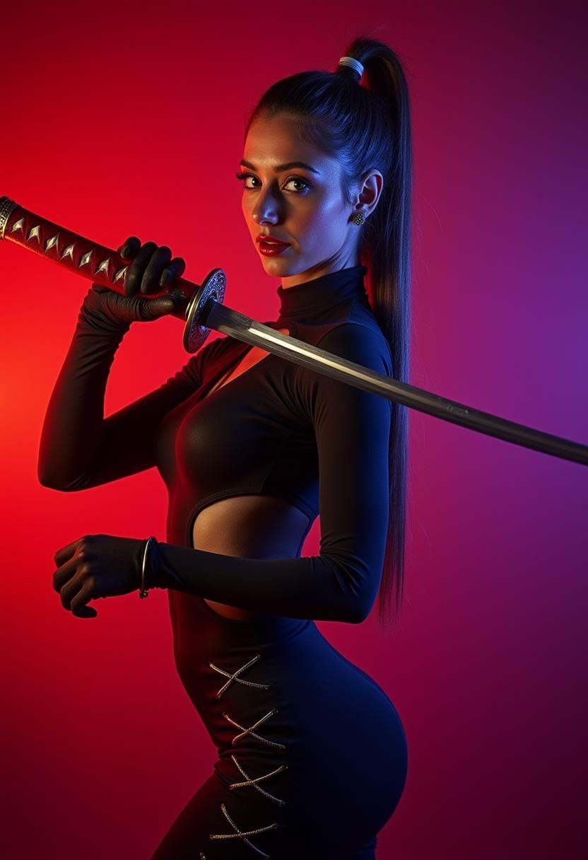 The image features a woman with sleek,  long hair styled into a high ponytail,  exuding confidence as she poses. She wears...