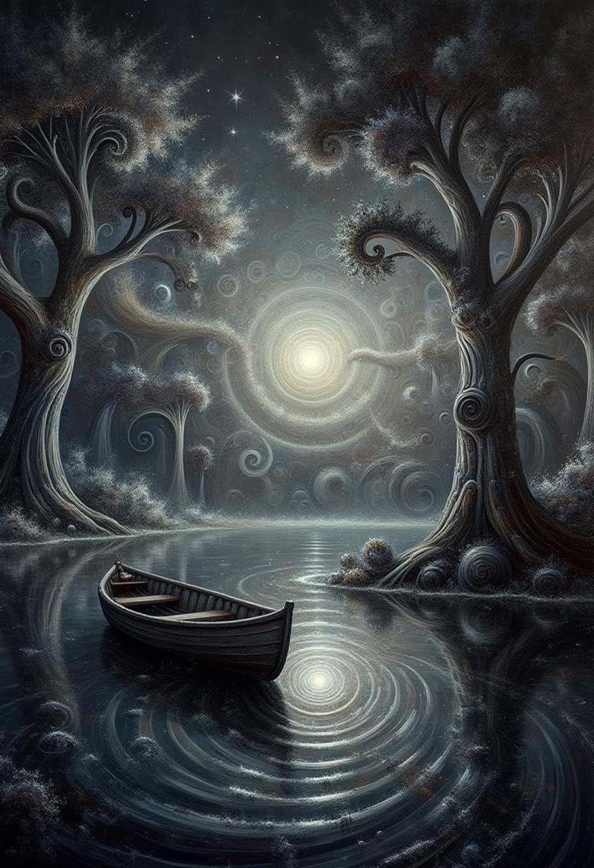 A tranquil,  monochromatic landscape bathed in moonlight,  featuring a lone wooden boat floating on a glassy lake. Tall on...