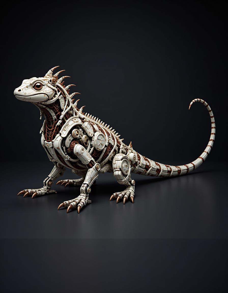 A segmented dibmchncl lizard with intricate details. The lizard’s body is crafted from interlocking metal and plastic segm...