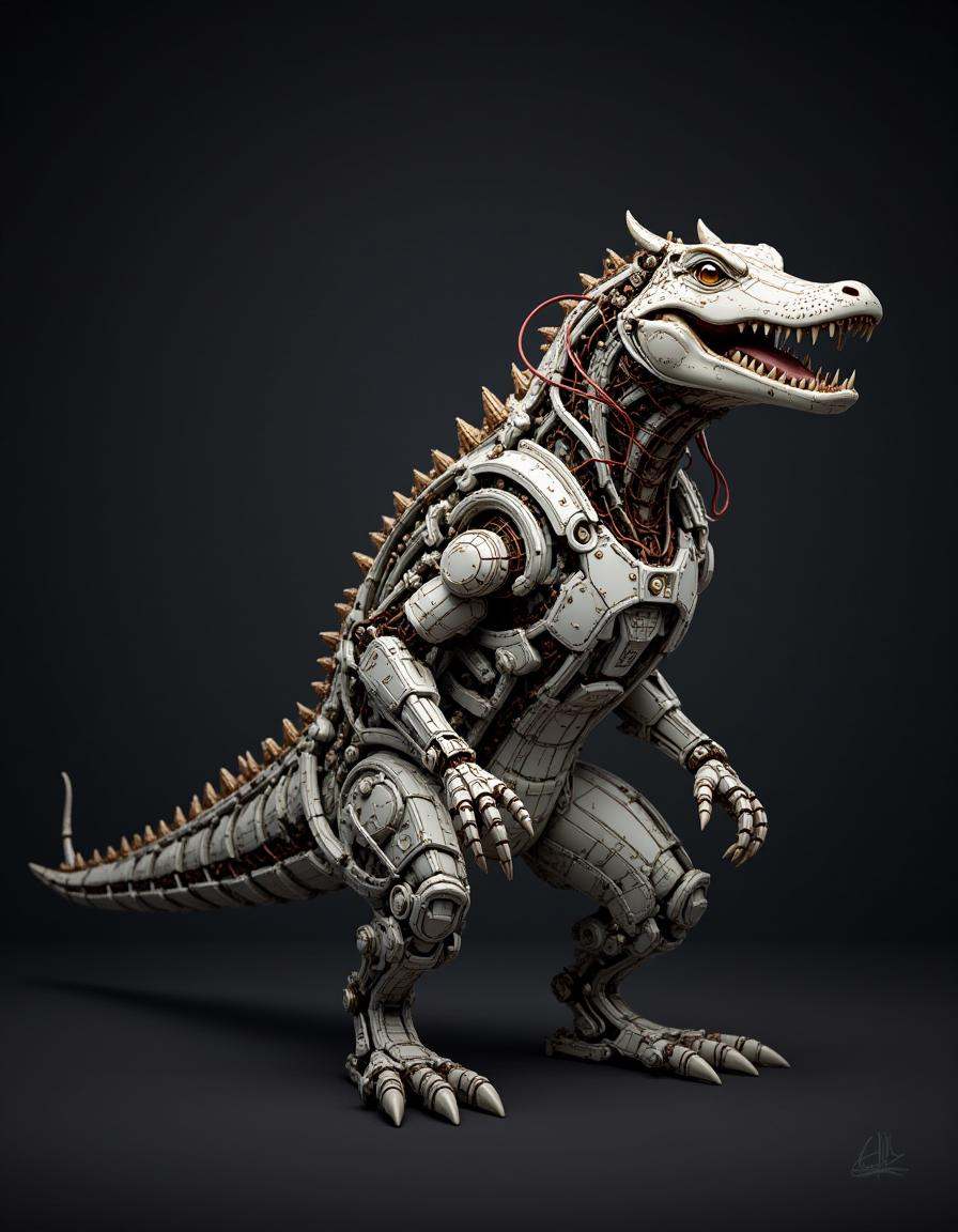 A sturdy dibmchncl crocodile with a powerful robotic stance. Its body has a sleek metal shell with exposed wiring along it...