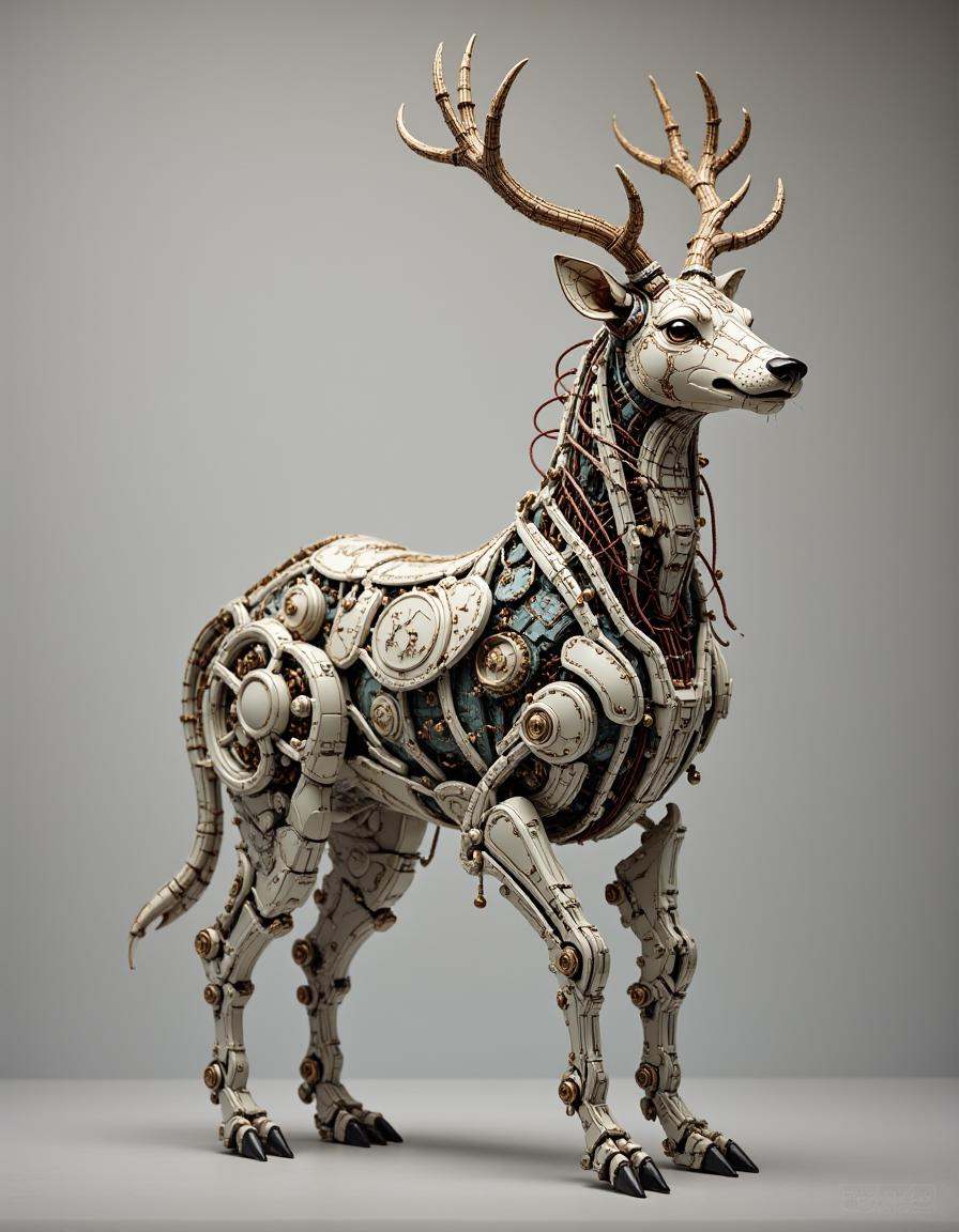 A graceful dibmchncl deer. The deer’s body is made from smooth bronze metal and high-tech materials,  with thin wiring alo...