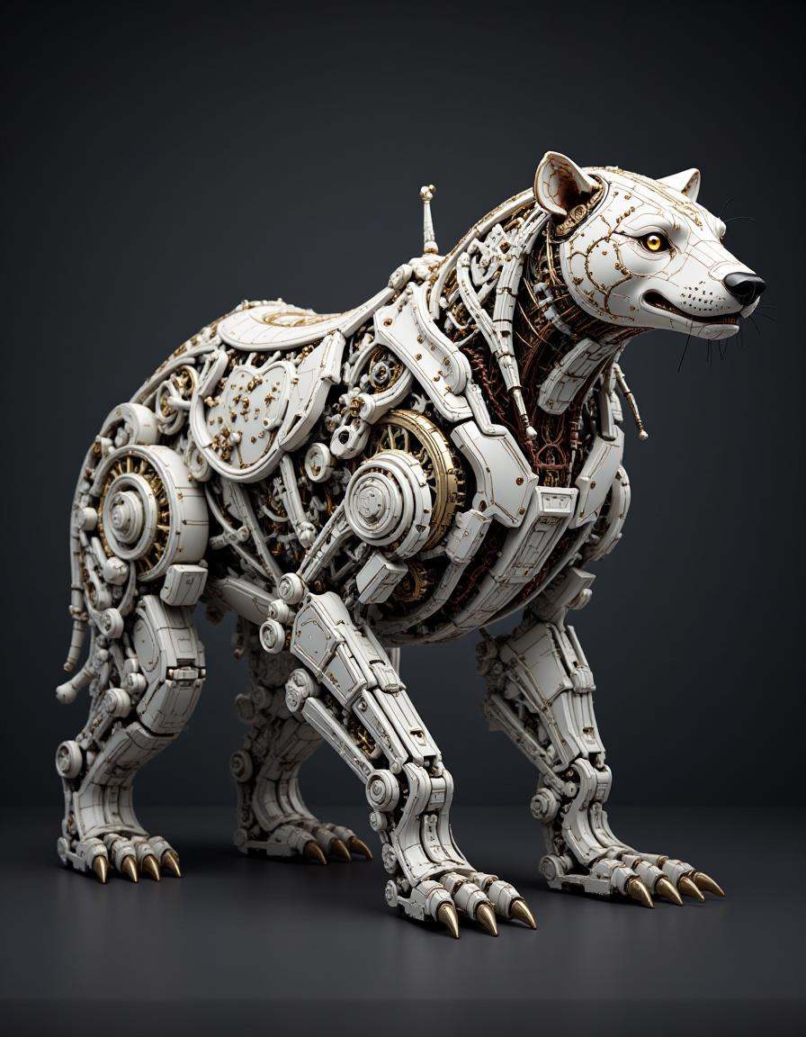 A sturdy dibmchncl polar bear. The polar bear’s body is crafted from large,  smooth metal plates with clockwork-like detai...