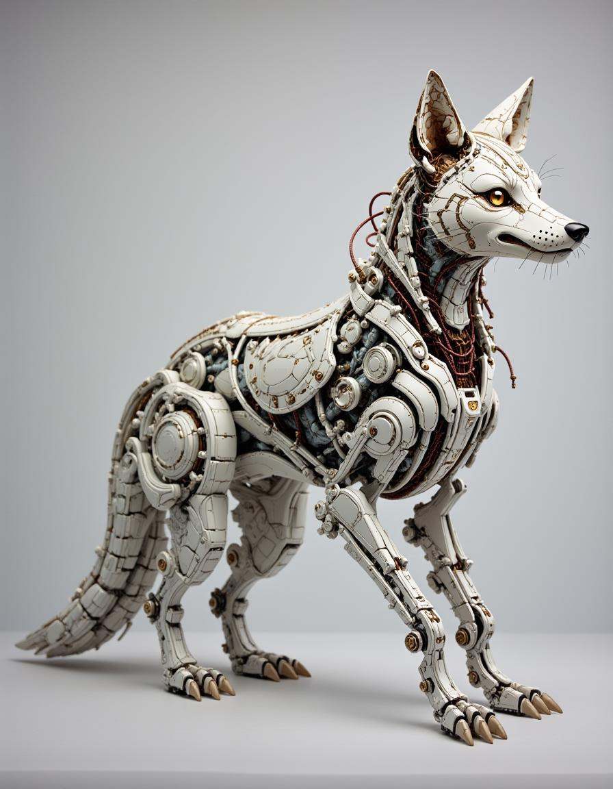 A slender dibmchncl fox with a sleek,  agile form. The fox’s body is crafted from polished metal and plastic components,...