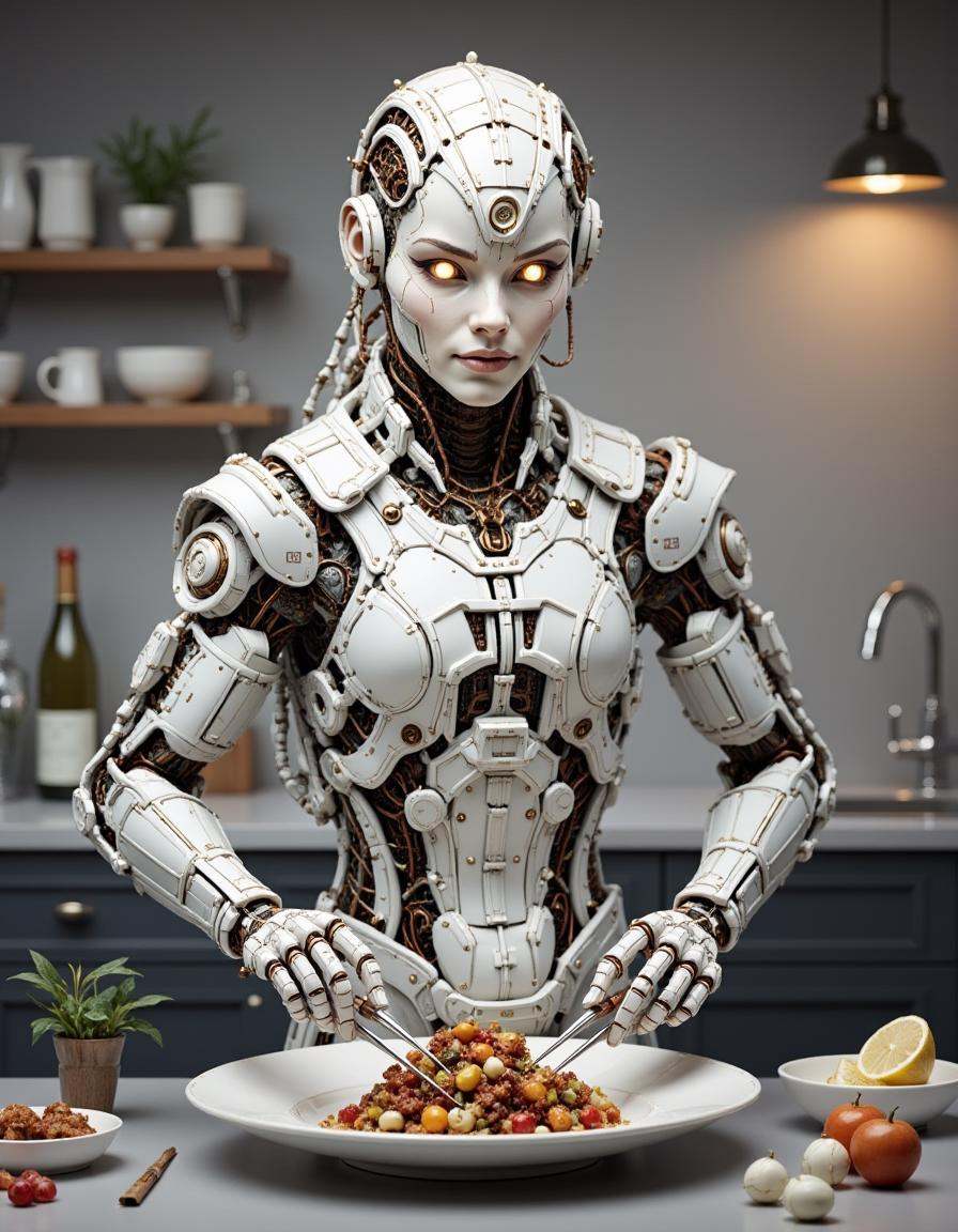 A dibmchncl humanoid robot chef preparing a gourmet dish. The robot has a sleek metallic body with articulated limbs,  fle...