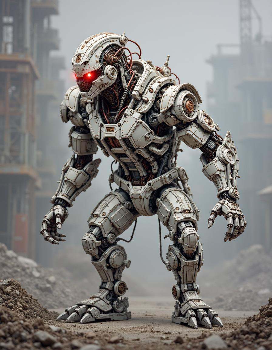 A dibmchncl construction worker cyborg lifting heavy materials. The body has reinforced limbs,  hydraulic actuators,  and...