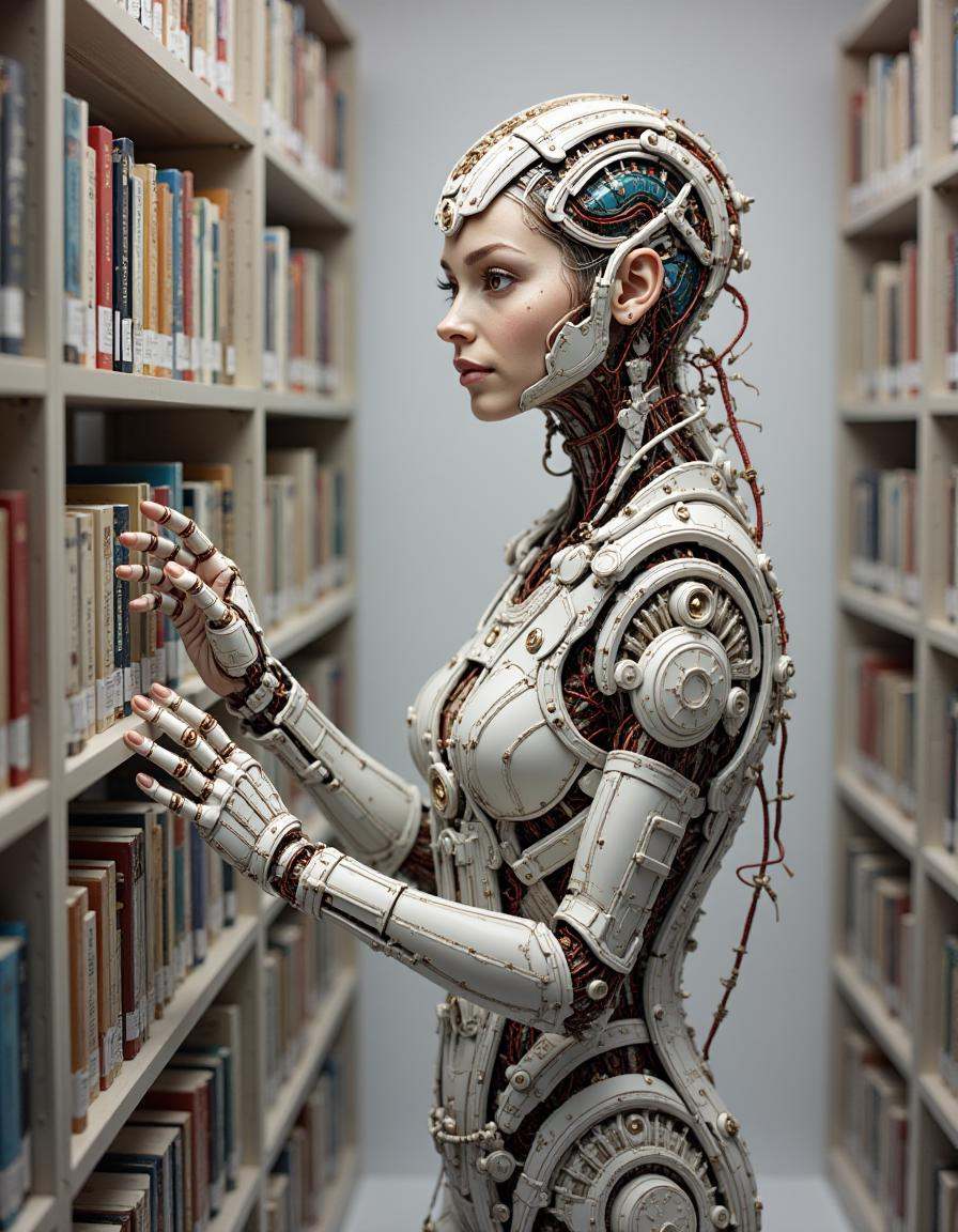 A dibmchncl librarian cyborg organizing books on shelves. The body has flexible limbs with reinforced joints,  delicate wi...