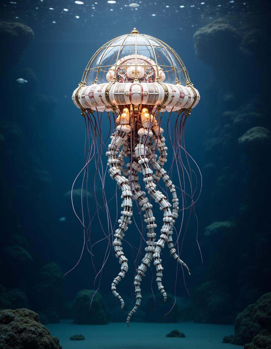 A floating dibmchncl jellyfish. The jellyfish’s tentacles are crafted from metal rods and flexible electronic coils. Its d...
