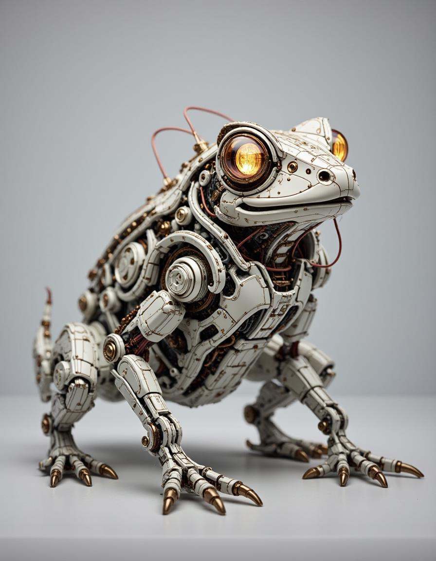 A compact dibmchncl frog. The frog’s body is made from lightweight metal and plastic,  with small visible wires running al...