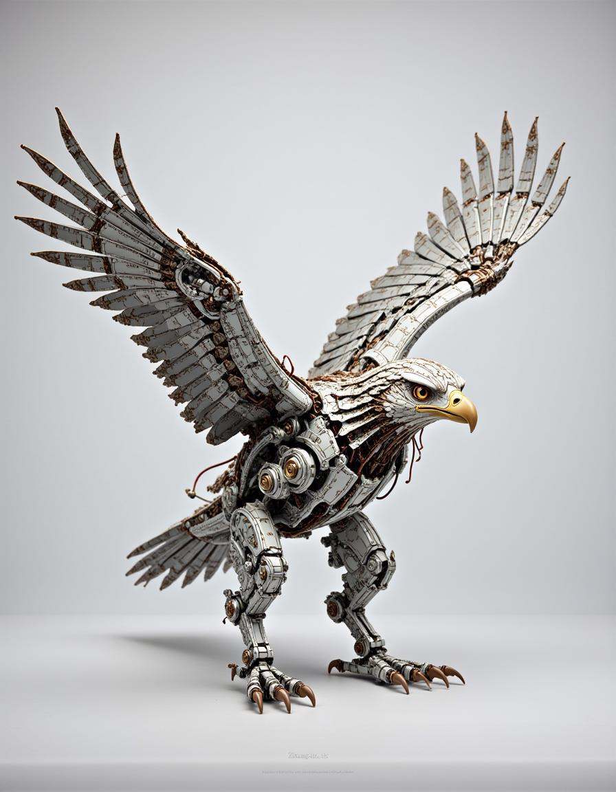 A majestic dibmchncl eagle in mid-flight. The eagle’s wings are made from metal feathers with wiring visible along each jo...