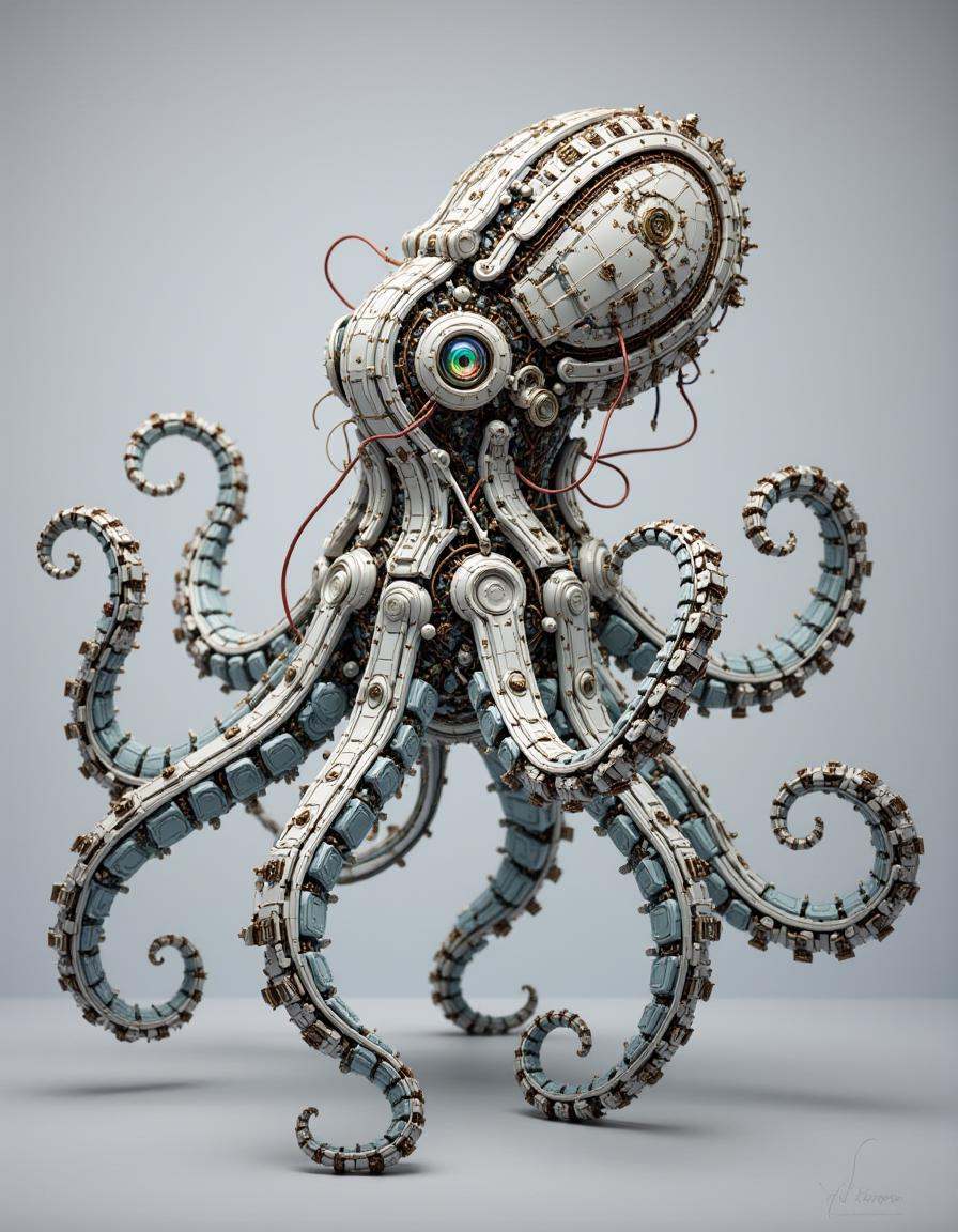 A flowing dibmchncl octopus. Its tentacles are crafted from metal rods and flexible plastic with coiled wiring. The body i...