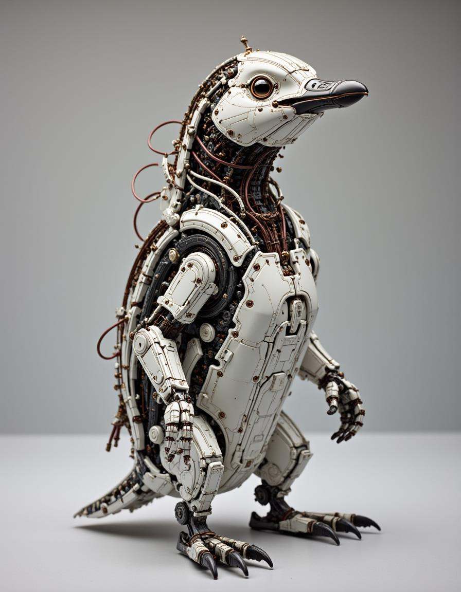 A compact dibmchncl penguin. The penguin’s body is made from smooth metal and plastic components,  with thin electronic wi...