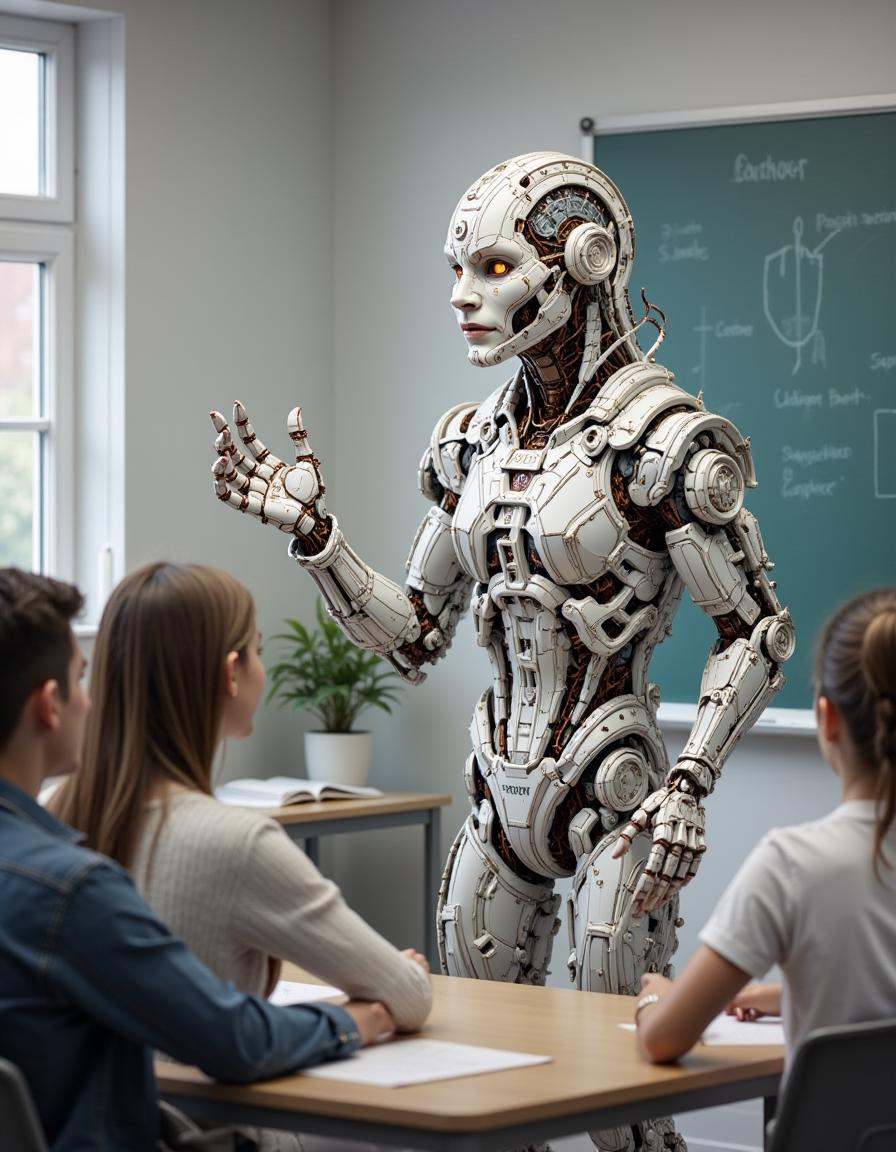 A dibmchncl humanoid teacher cyborg lecturing to students. The body is sleek with polished metal plating and articulated j...