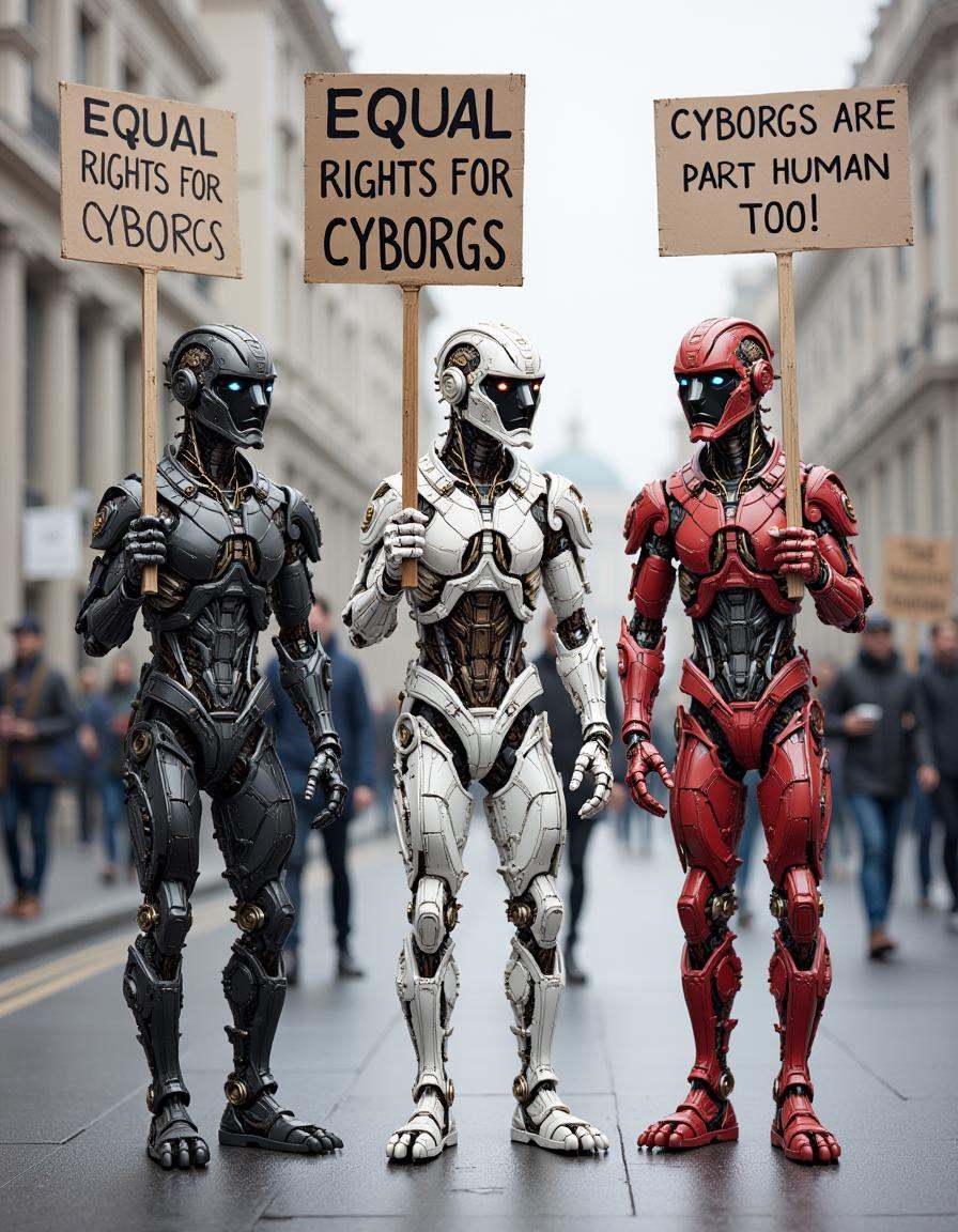 Three dibmchncl humanoid cyborgs protest by holding up signs that say "Equal Rights for Cyborgs" and "Cyborgs are part hum...