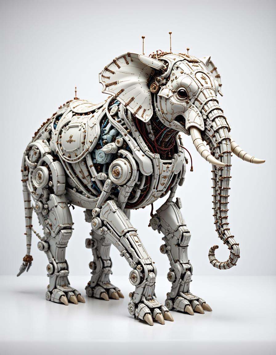 A majestic dibmchncl elephant. Its body is covered in smooth metal plates and robotic joints,  with detailed electronic co...