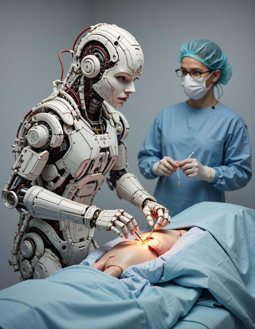 A dibmchncl humanoid robot surgeon performing a delicate operation. The robot's hands are equipped with fine tools and sen...