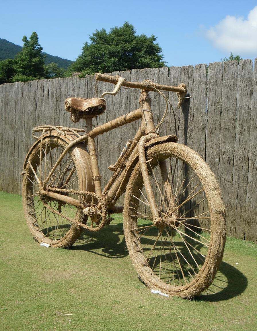 a distrw style sculpture of a bicycle leaning against a fence on Tensor.Art