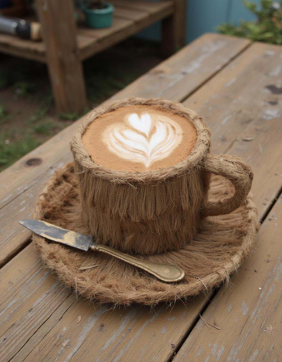 a distrw style sculpture of a cup of coffee on a rustic table on Tensor.Art