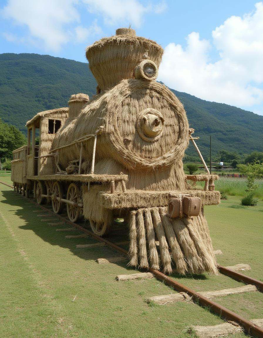 a distrw style sculpture of a train chugging along a hillside on Tensor.Art