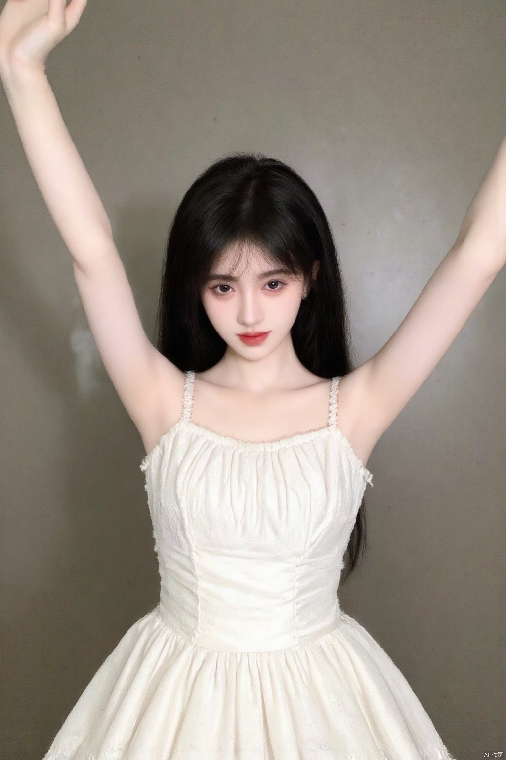 1girl, solo, long hair, looking at viewer, smile, black hair, dress, white dress, arms up, realistic, joints, doll joints, photo background
